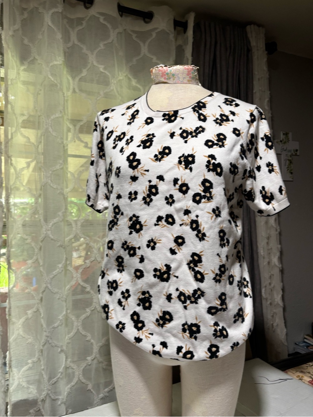 Ann Taylor White Short Sleeve Top with Black and Tan Floral Print